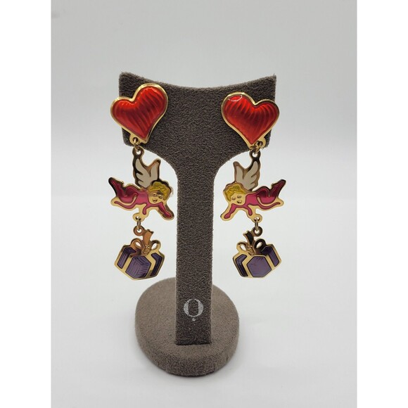 Berbei Long Cherub heart and present dangle Pierced Earrings - Picture 5 of 9